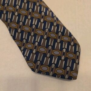 Vintage Austin Grey Abstract Geometric Silk Tie- Navy Grey Brown